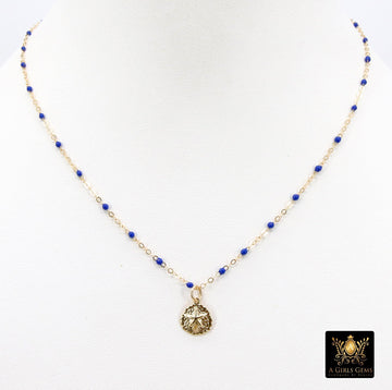 14 K Gold Filled Dainty Sand Dollar Satellite Necklace #2626, Dainty Enamel Beach Choker, 10 Beaded Enamel Color Choices